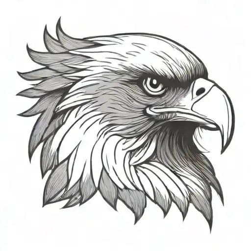 A bold, detailed black-and-white eagle head illustration with sharp feathers and an intense gaze. design for chest tattoo design idea