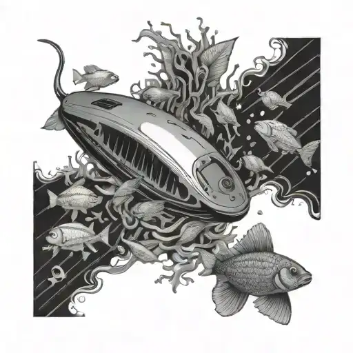 A detailed underwater scene with a computer mouse swimming among fishes, symbolizing the client's love for swimming and technology tattoo design idea