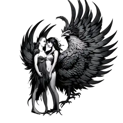 And Still I Rise phoenix with woman standing side by side tattoo design idea