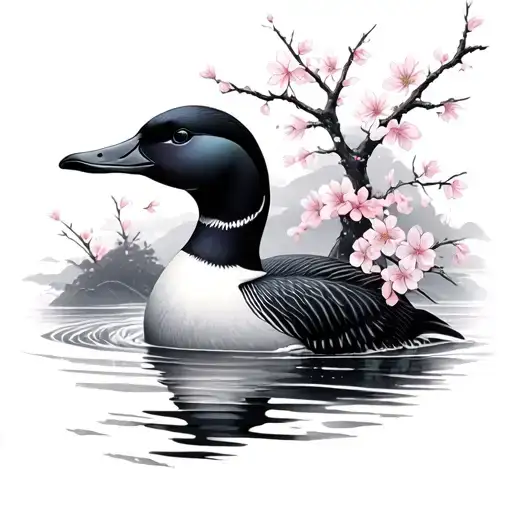 a loon with sakura flowers falling around it tattoo design idea