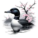 a loon with sakura flowers falling around it tattoo design idea