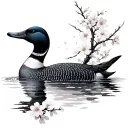a loon with sakura flowers falling around it tattoo design idea
