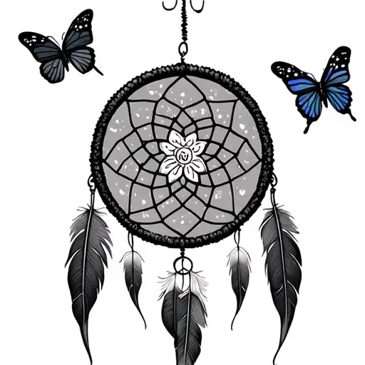 dreamcatcher with feathers butterflies,, and the lyrics Jesus loves me and memory of my grandmother tattoo design idea