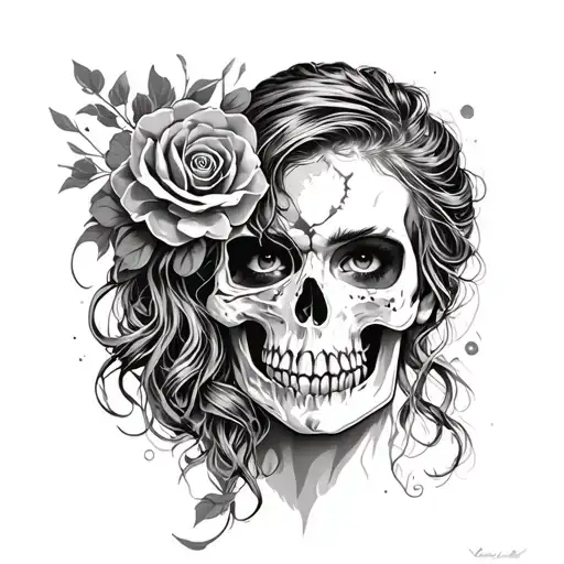 tattoo stencil of a Woman face with half skull,  tattoo design idea