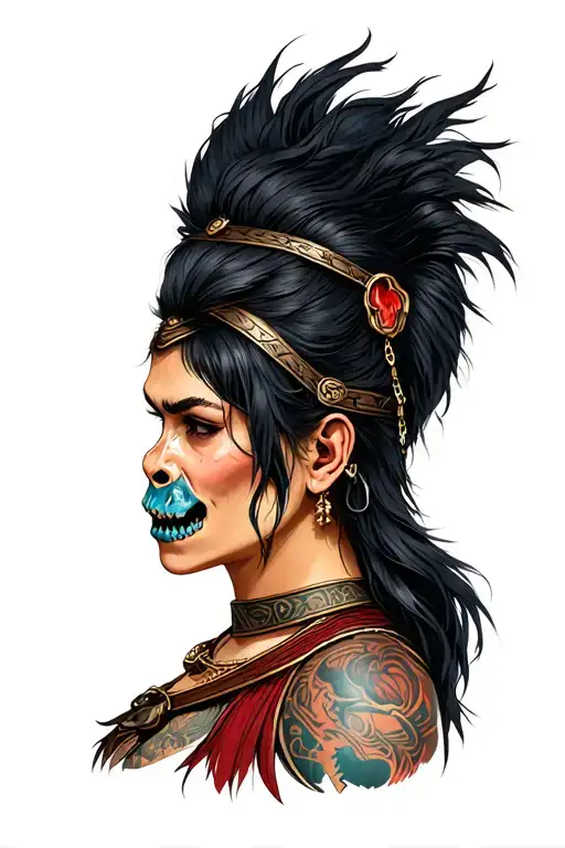a warrior woman seen in 3/4 view who wears a gorilla skull as a necklace tattoo design idea
