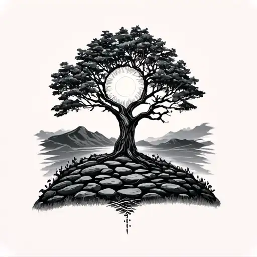Lifetree Stone wall Highlands Sun tattoo design idea