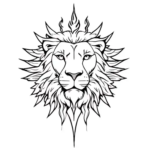 lion head, sun,fire,pen,heart, shell, wings, pillar, arrow circle of light tattoo design idea