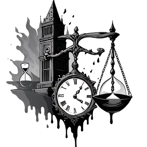 melting libra scale with broken clock tower and hourglass  tattoo design idea