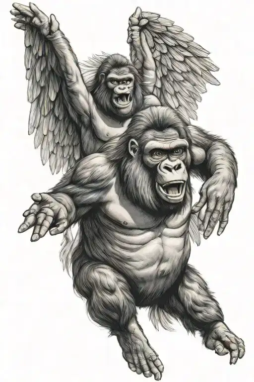 flying gorilla head screaming with angel wings tattoo design idea