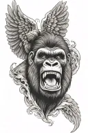 flying gorilla head screaming with angel wings tattoo design idea