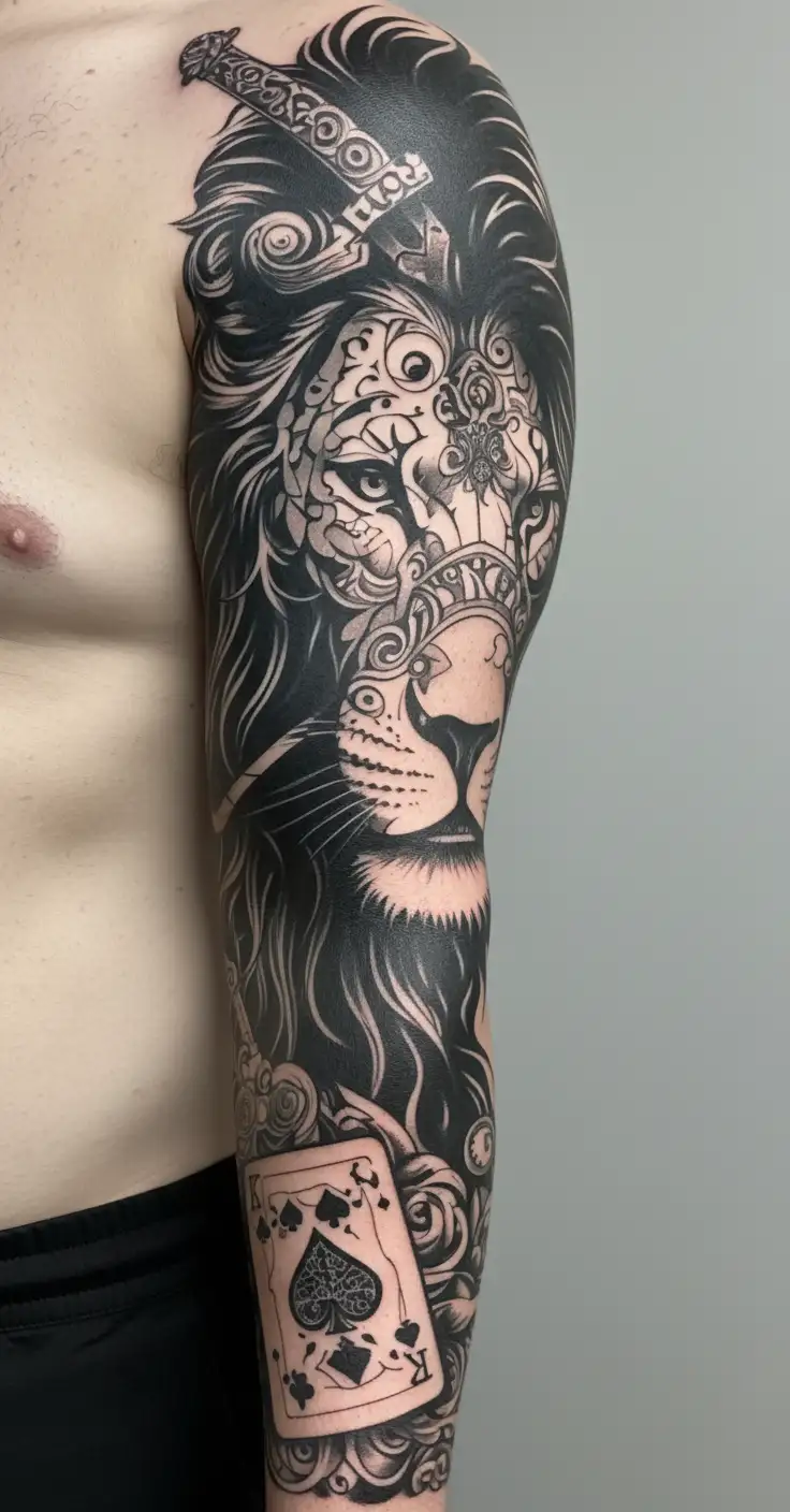 Lion Punjab map with a sword, Money raining, Playing Cards, Finance, stocks, Letter "G" tattoo design idea