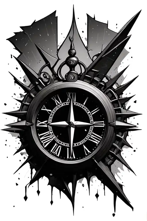 broken clock and compass design tattoo design idea