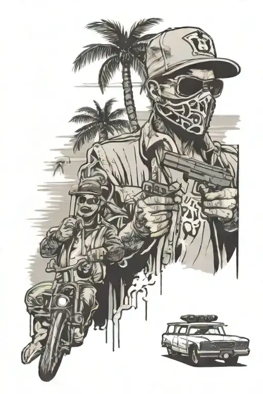 Above is a gangster in a mask with a gun in his hand, below is a lowrider, next to him is a palm tree tattoo design idea