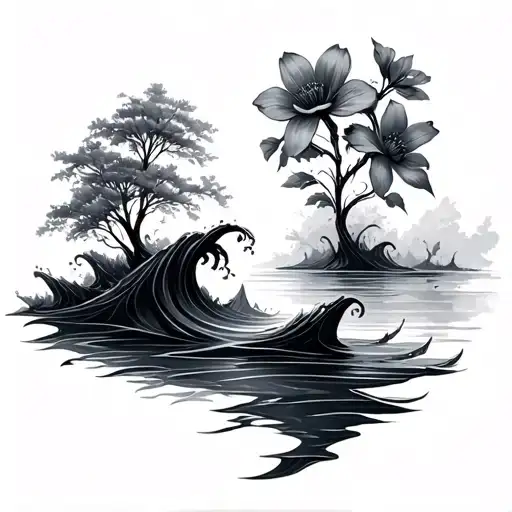 flowers and trees transition into water waves tattoo design idea