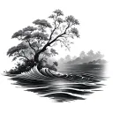 flowers and trees transition into water waves tattoo design idea