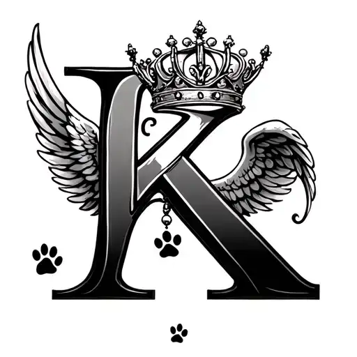 princess crown hanging on letter k with angel wings and paw print  tattoo design idea