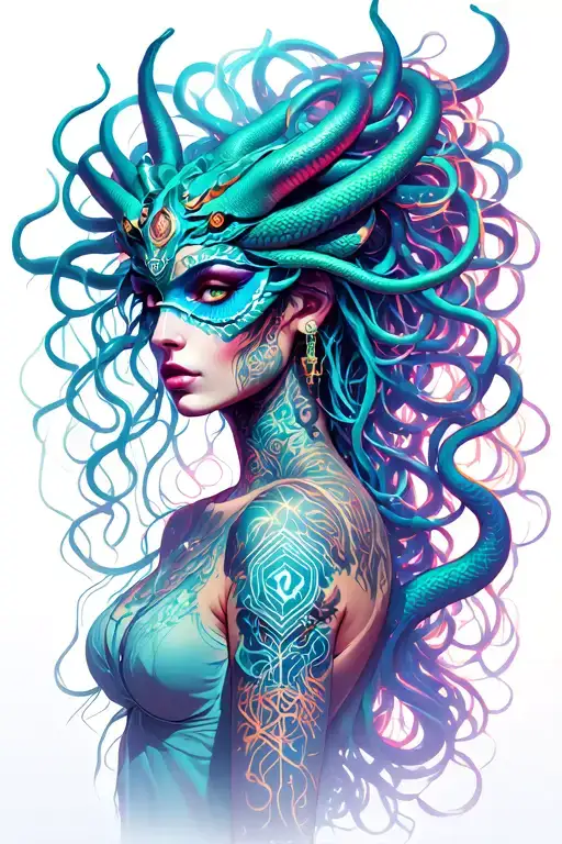 medusa goddess with oni mask, snakes hair tattoo design idea