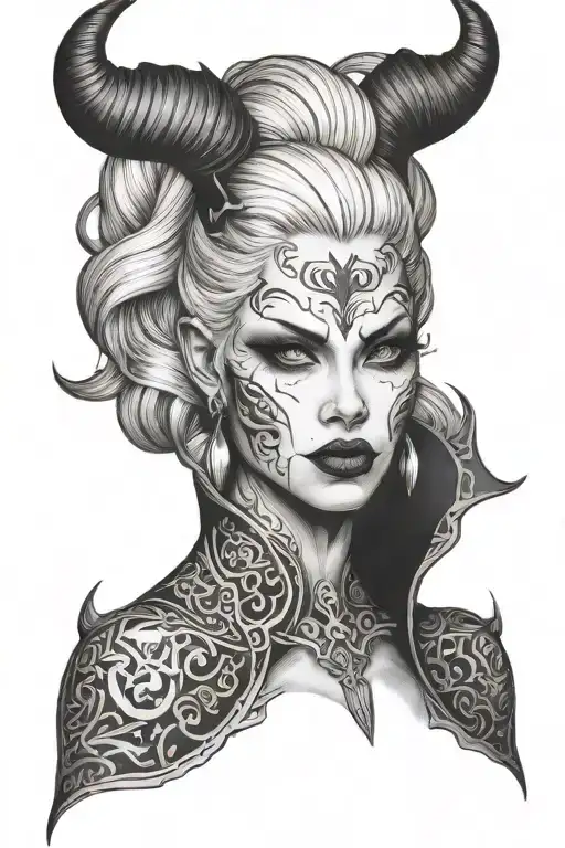 woman devil face white hair tattoo design idea