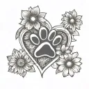 paw print, daisy, heart surrounded tattoo design idea