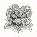 paw print, daisy, heart surrounded tattoo design idea