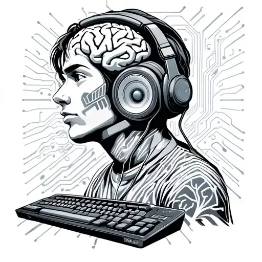 technology, circuit lines, brain, keyboard, human wearing headphones, audio speaker tattoo design idea