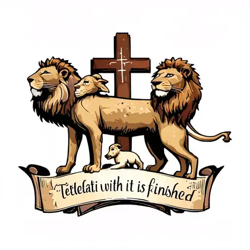 Cross tattoo with lions and lambs and tetelestai written in quote with it is finished beneath that  tattoo design idea