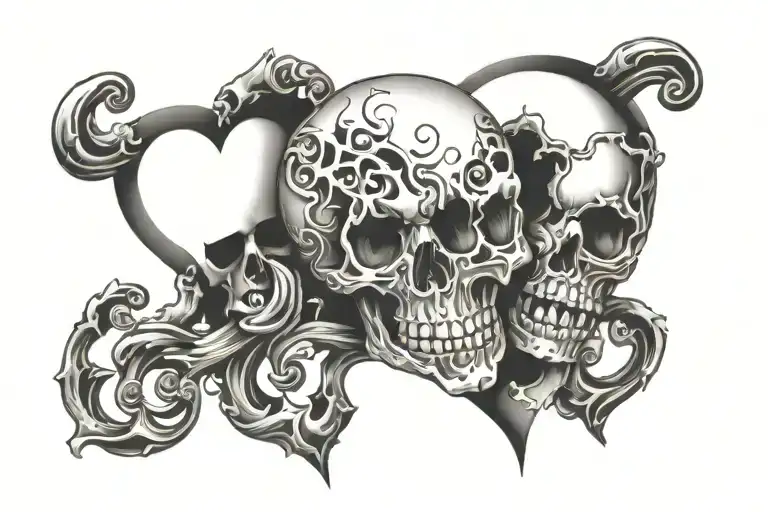 broken heart with skull face morphing tattoo design idea
