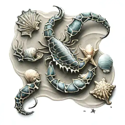 A realistic portrait of a Scorpio constellation made up of beach waves and seashells, with a subtle nod to motherhood with three small stars for each child and a larger star for the grandson tattoo design idea