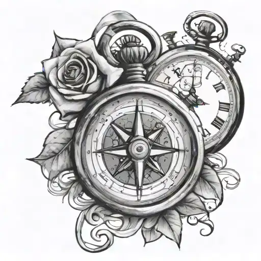 Broken compass and stopwatch with roses in the broken glass . And a ribbon going in between them that says "time stops f tattoo design idea