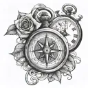 Broken compass and stopwatch with roses in the broken glass . And a ribbon going in between them that says "time stops f tattoo design idea