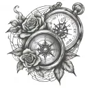 Broken compass and stopwatch with roses in the broken glass . And a ribbon going in between them that says "time stops f tattoo design idea