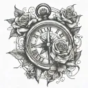 Broken compass and stopwatch with roses in the broken glass . And a ribbon going in between them that says "time stops f tattoo design idea