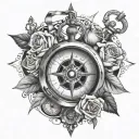 Broken compass and stopwatch with roses in the broken glass . And a ribbon going in between them that says "time stops f tattoo design idea