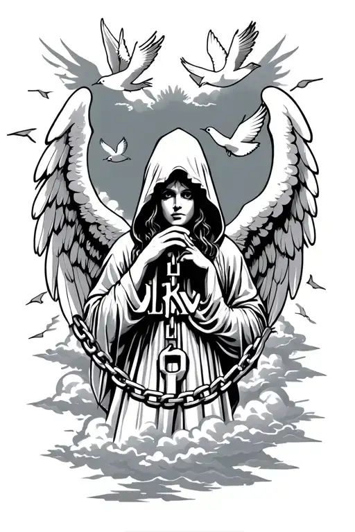 hooded Angel with wings holding a chain that says "LLKJ" with doves in the background and broken clouds with sunshine  tattoo design idea