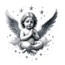 porcelain angel baby praying with stars and clouds tattoo design idea