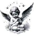 porcelain angel baby praying with stars and clouds tattoo design idea