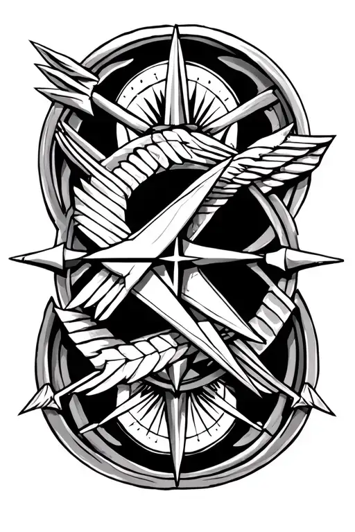 arrow and compass rose intertwined tattoo design idea