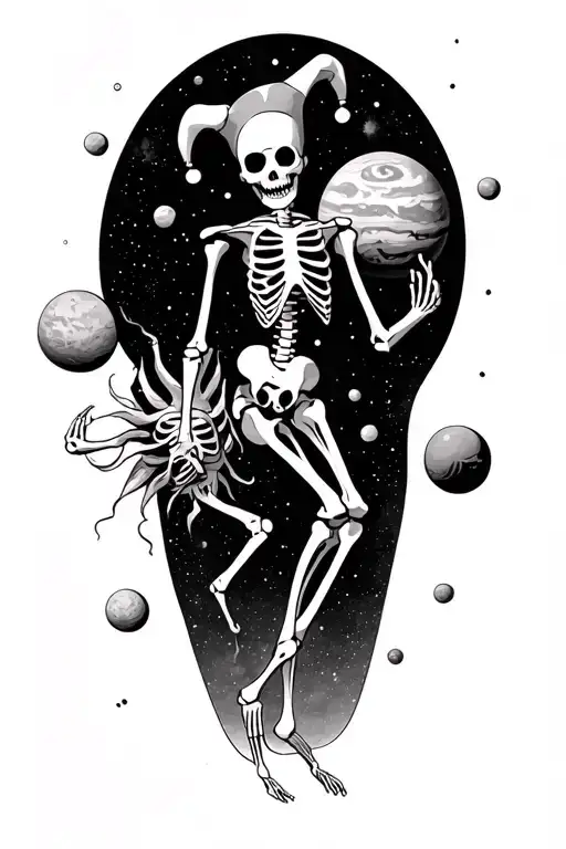 Jester skeleton is dancing on psychedelics on a cosmic background and his two feet are standing on two different planets tattoo design idea