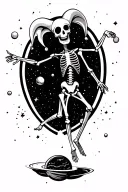 Jester skeleton is dancing on psychedelics on a cosmic background and his two feet are standing on two different planets tattoo design idea