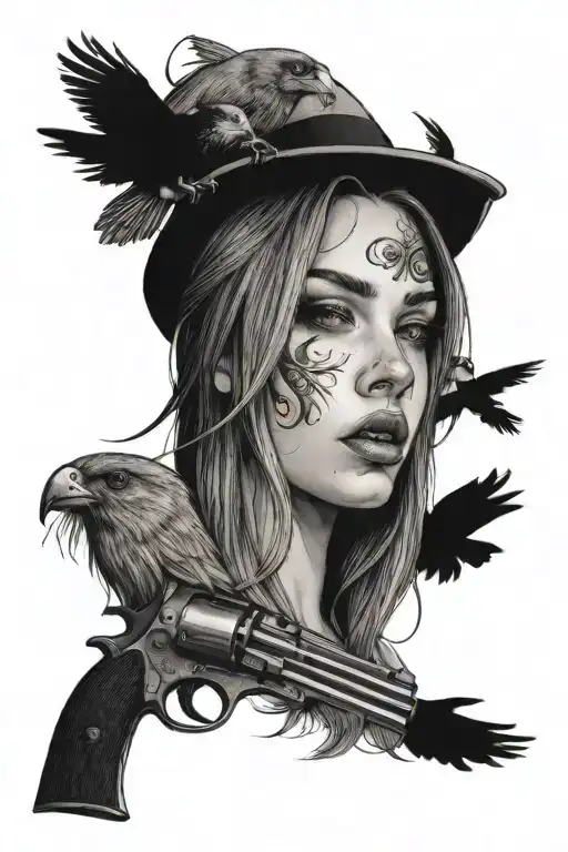 A woman face with long hair, holding a gun in her hand, and with two birds flying around tattoo design idea