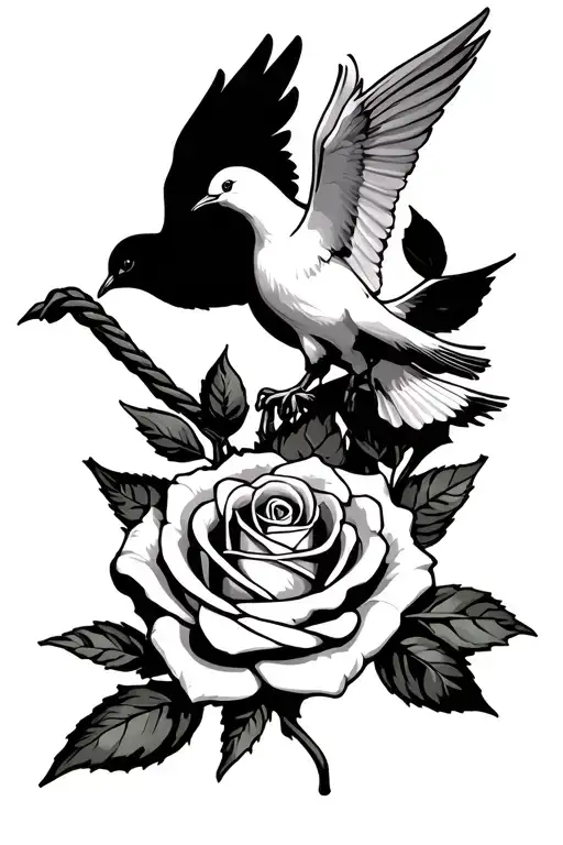 rose on the bottom, Alejandro Vazquez in the middle and a dove bird on the rope, memorial tatto tattoo design idea
