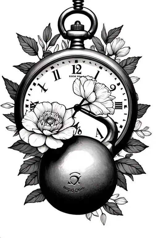 pocket watch, kettle bell, cross, ranunculus flower, cosmo flower tattoo design idea
