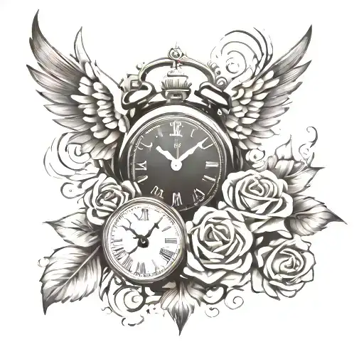 Clock and wings and roses and a banner wrapped tattoo design idea