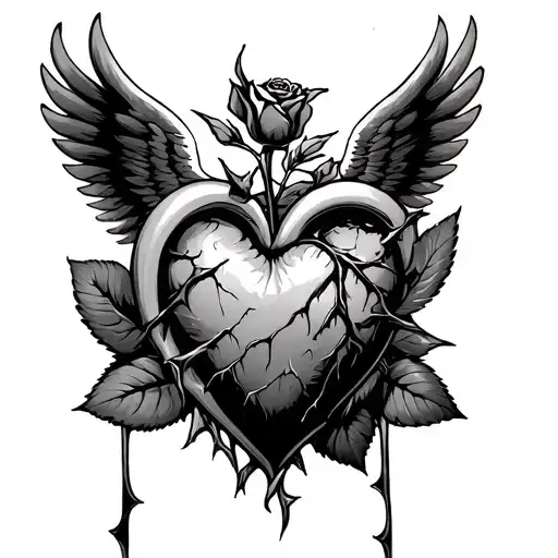 heart rose broke thorns with wings spread tattoo design idea