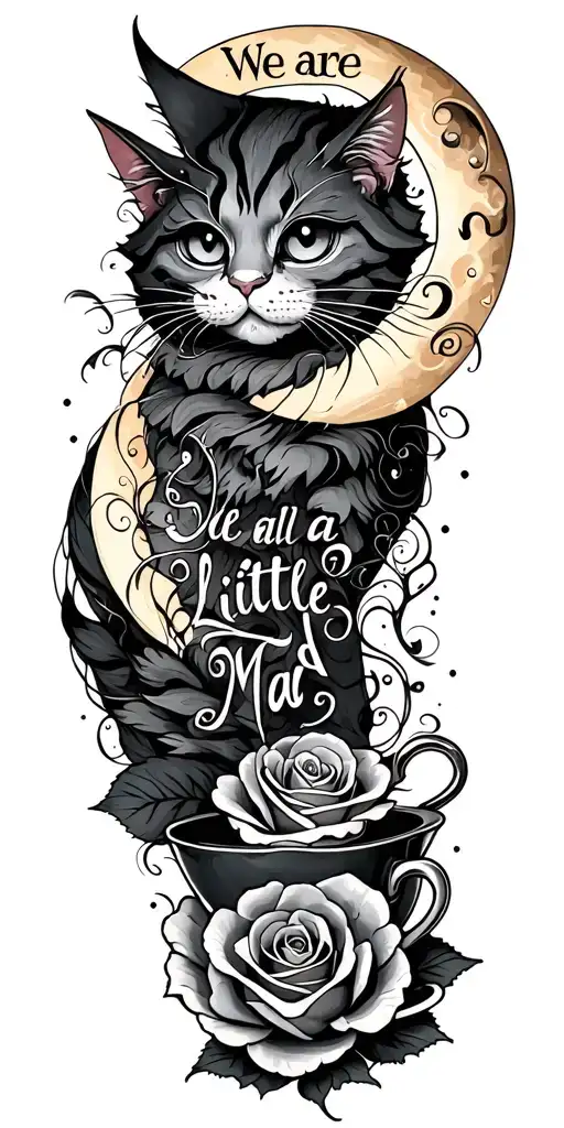 "We are all a little mad" twisted dark cheshire cat, teacup, rose. and moon intertwined  tattoo design idea