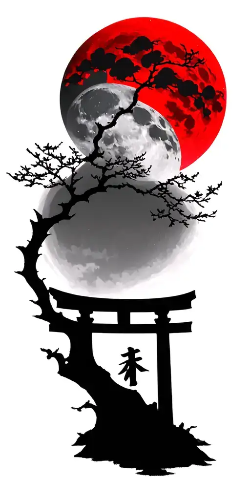 a hollow red moon over a sakura tree and a Tori gate tattoo design idea