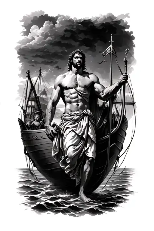 odysseus with argos, with ithaca as the background tattoo design idea
