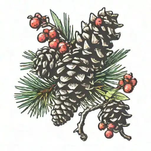 pinecone on pine branch with berries growing inside tattoo design idea