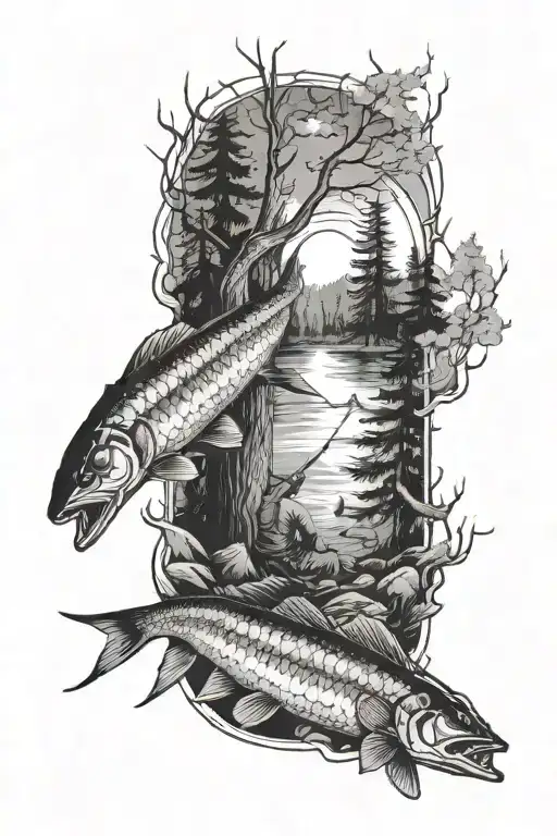 tattoo sleeve, trees, campfire, fisherman, guy fishing, below the elbow under water scene, fish, northern pike tattoo design idea