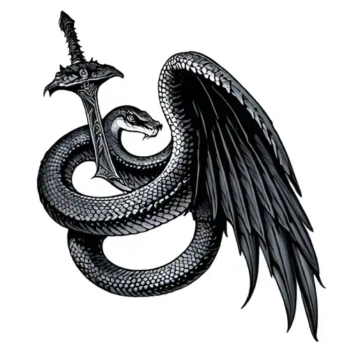 Snake sword wound wing tattoo design idea